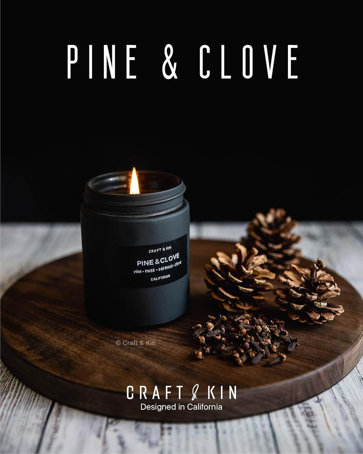 Premium Pine & Clove Candle | Black Scented Candles for Home | Long Lasting with 45 Hour Burn Time, 7.6Oz | Made with Soy | Aromatherapy at Home | Gifts for Men