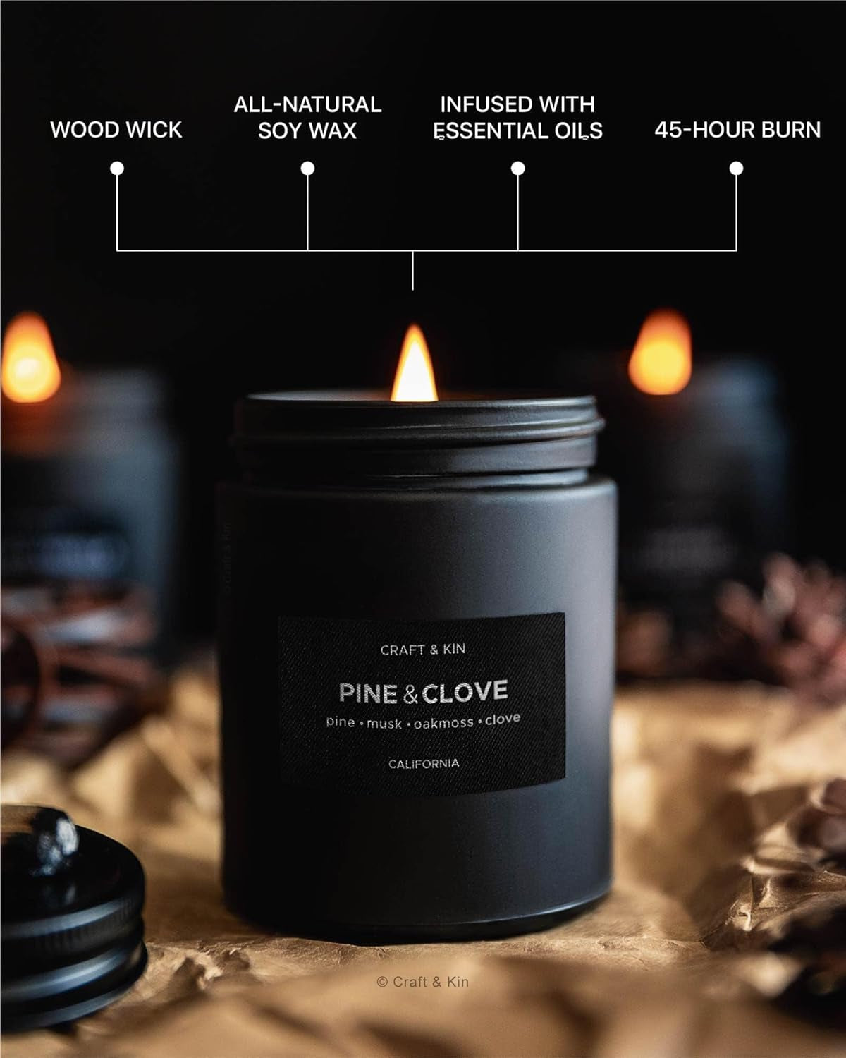 Premium Pine & Clove Candle | Black Scented Candles for Home | Long Lasting with 45 Hour Burn Time, 7.6Oz | Made with Soy | Aromatherapy at Home | Gifts for Men